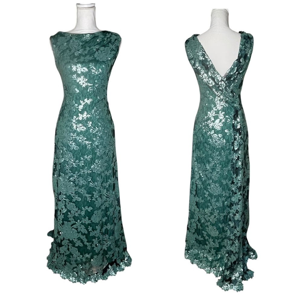 Tadashi Shoji 0 green sequin black tulle evening gown